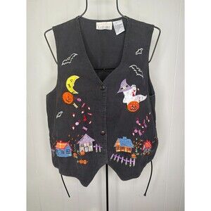 Vintage Halloween Corduroy Vest Sz L Ghost Candy Embroidered Casey & Max Black